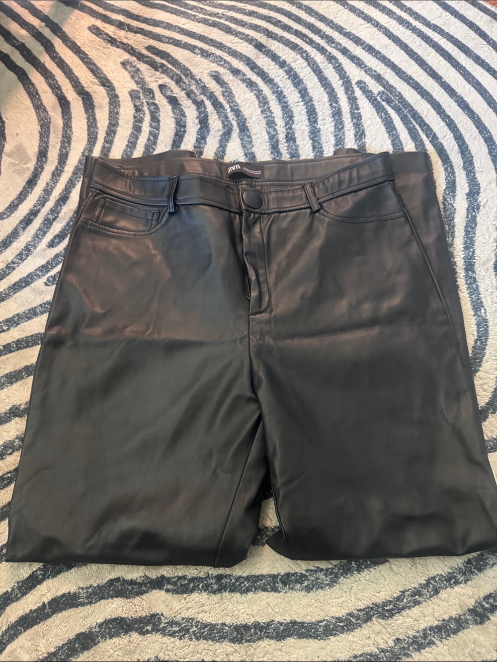 Zara Black Faux Leather Pants with Matte Button